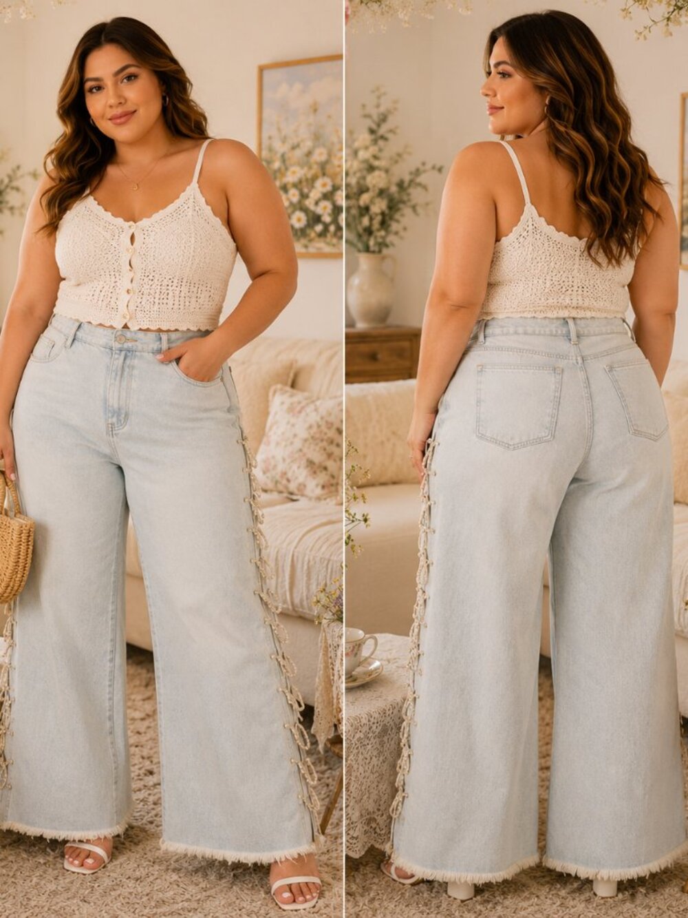Y2K Rhinestone Chain Side Wide Leg Baggy Jeans Light Wash Raw Hem Size L